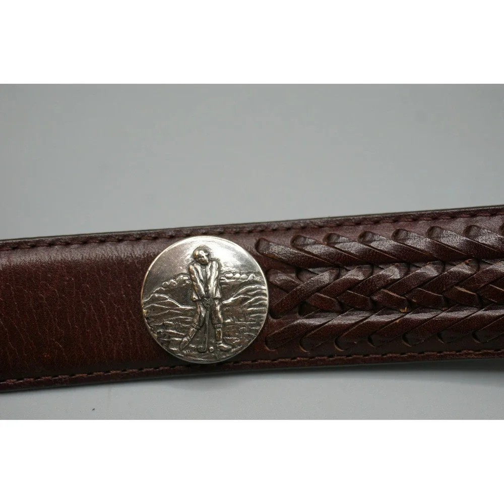Vintage Golf Concho Braided Brown Leather Belt Mens Size 40 Silver Tone Buckle